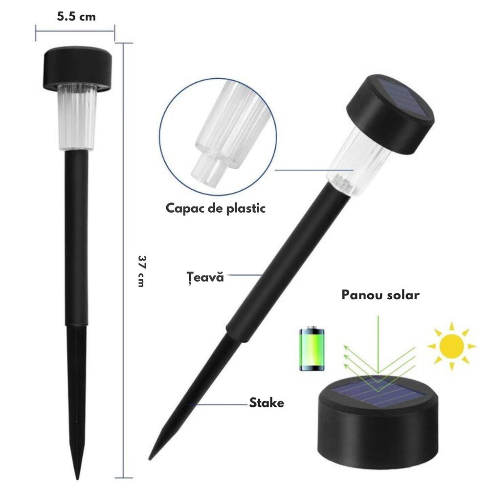 Set 10 lampi solare de gradina, iluminare LED, IP44 pentru alei, terase, spatii exterioare, lumina calda, 37 x 5.5 cm, Negru/ Alb