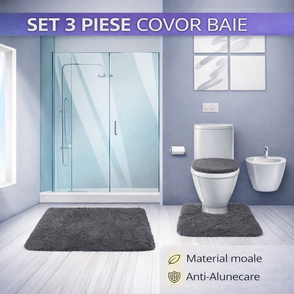 Covoare Baie, Set 3 Bucati, Decupat, Capac, Culoare Gri, Material Moale si Pufos, Fond Antialunecare