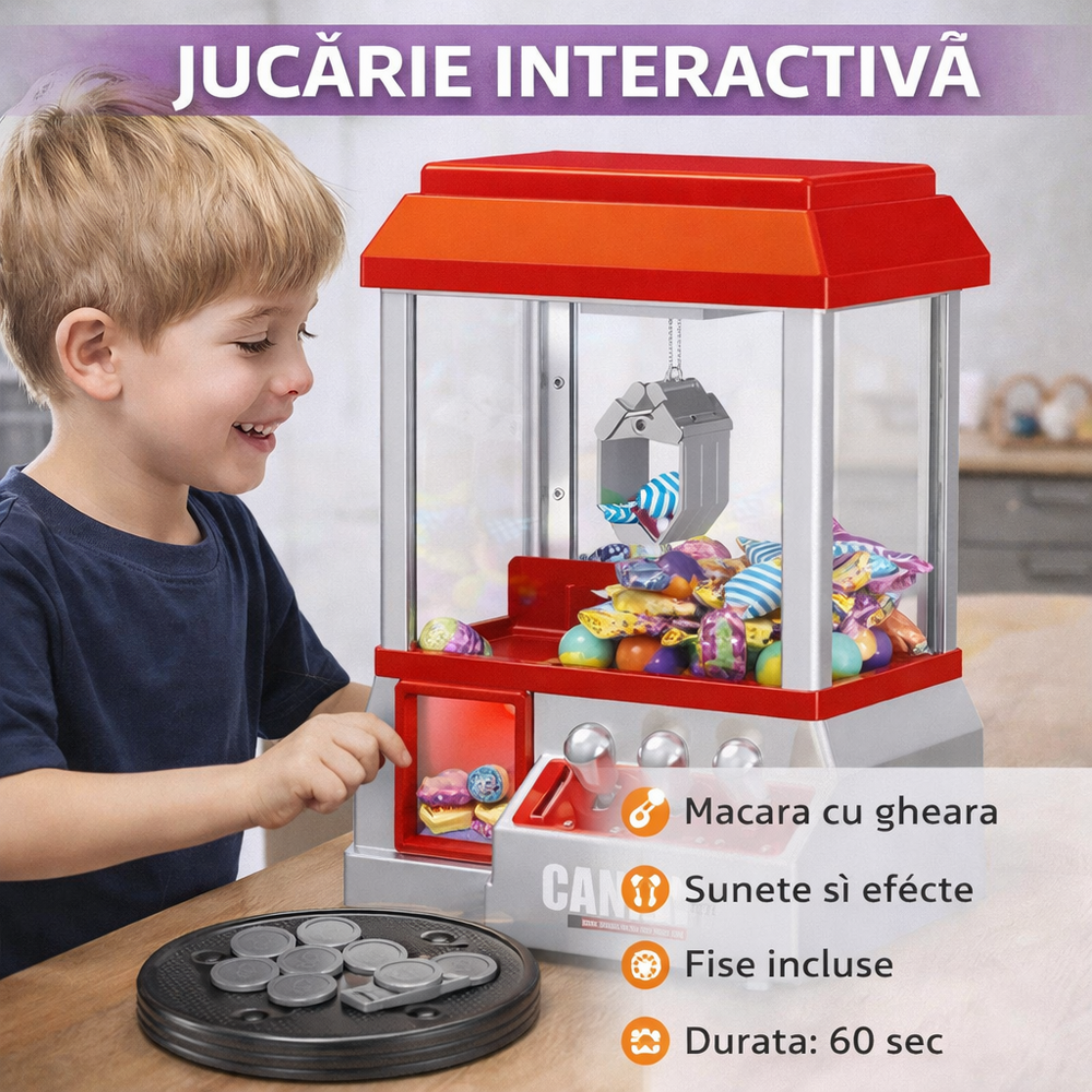 Jucarie interactiva macara cu gheara pentru prinderea dulciurilor, Candy Grabber, Monede incluse, cu baterii, 31 x 17 x 22 cm, Rosu / Argintiu