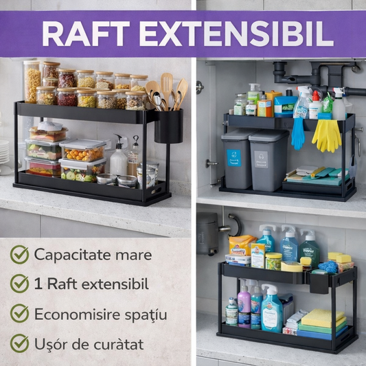 Raft organizator, 2 niveluri, extensibil, 5 cârlige, negru, 40x21.5x37.5cm