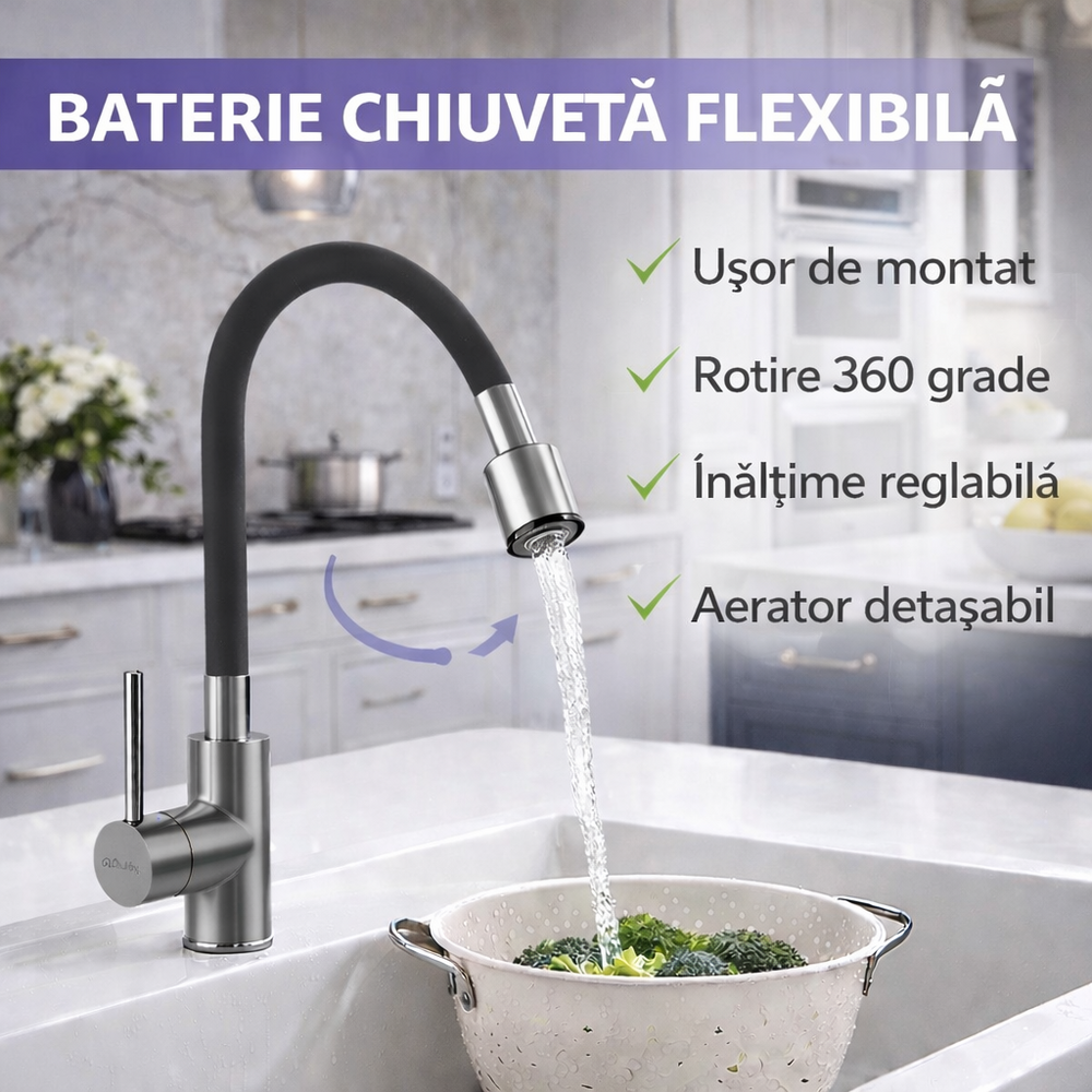 Baterie flexibila pentru chiuveta bucatarie, Rotire 360 grade, Inaltime reglabila, Silicon, Otel, PVC