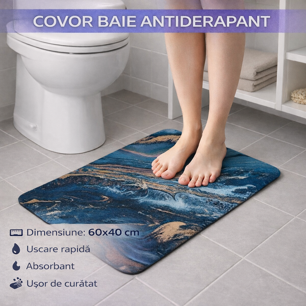 Covoras de baie antiderapant, Absorbant, Uscare rapida, Din spuma poliuretanica si microfibra moale, Covor modern pentru dus, Cada, Lavoar sau toaleta, Albastru, 60 x 40 cm