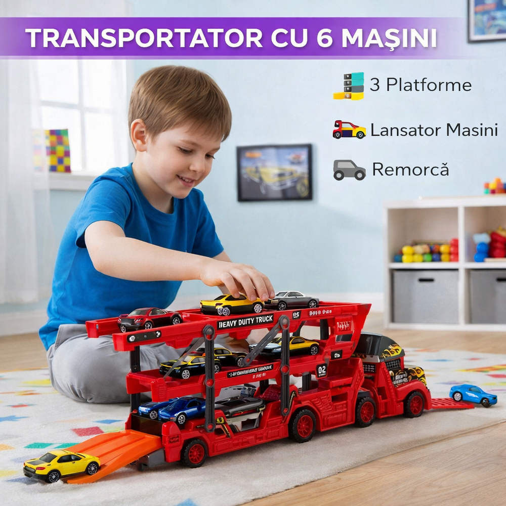 Set de joaca, Camion cu Masinute, Mega transportator de 6 masini, Echipament cu 3 platforme, 30x11.5x7 cm