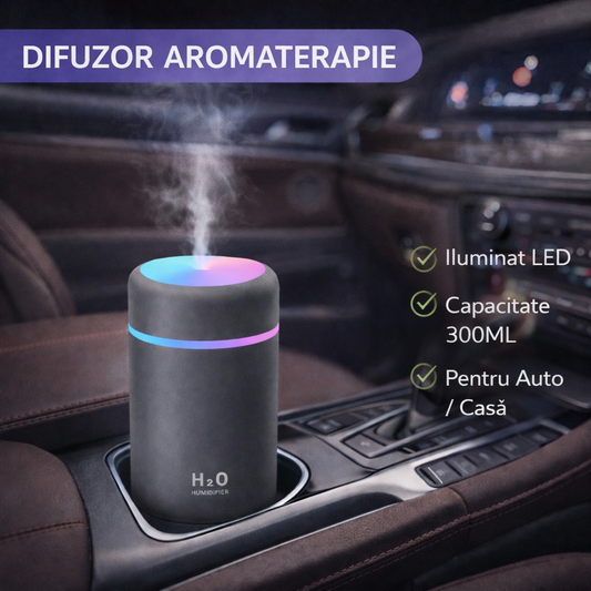 Difuzor Aromaterapie, Aparat Odorizant Pentru Masina, Umidificator, Cu Iluminat LED, Alimentare USB