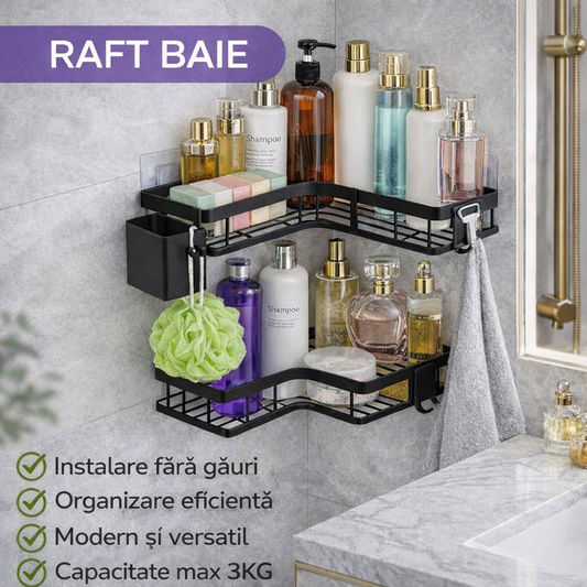 OFERTA 1+1 GRATIS Set Raft de Dus cu Etajere Colt pentru Baie, din Otel Inoxidabil, Organizator Baie cu Montare Usoara fara Gaurire, Design Modern, Negru