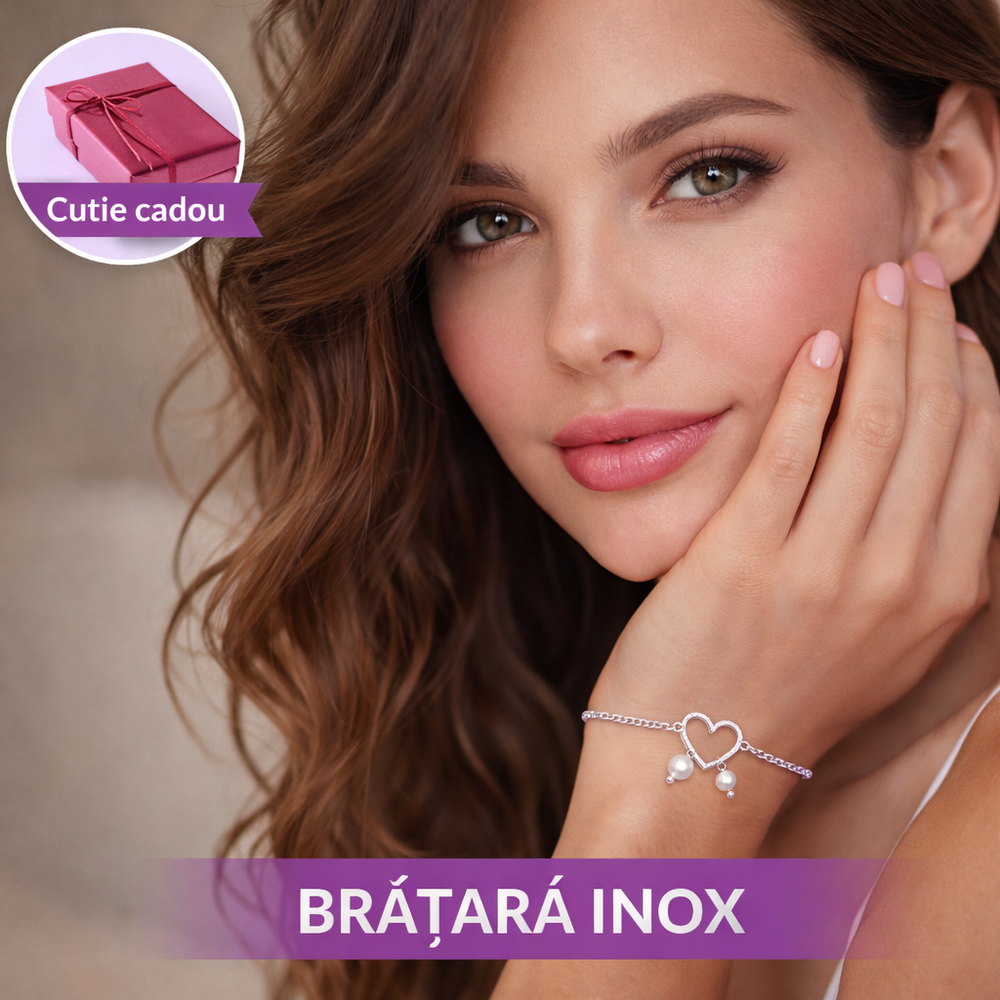 Bratara Inox Cu Inimioara Si Perle, Argintiu