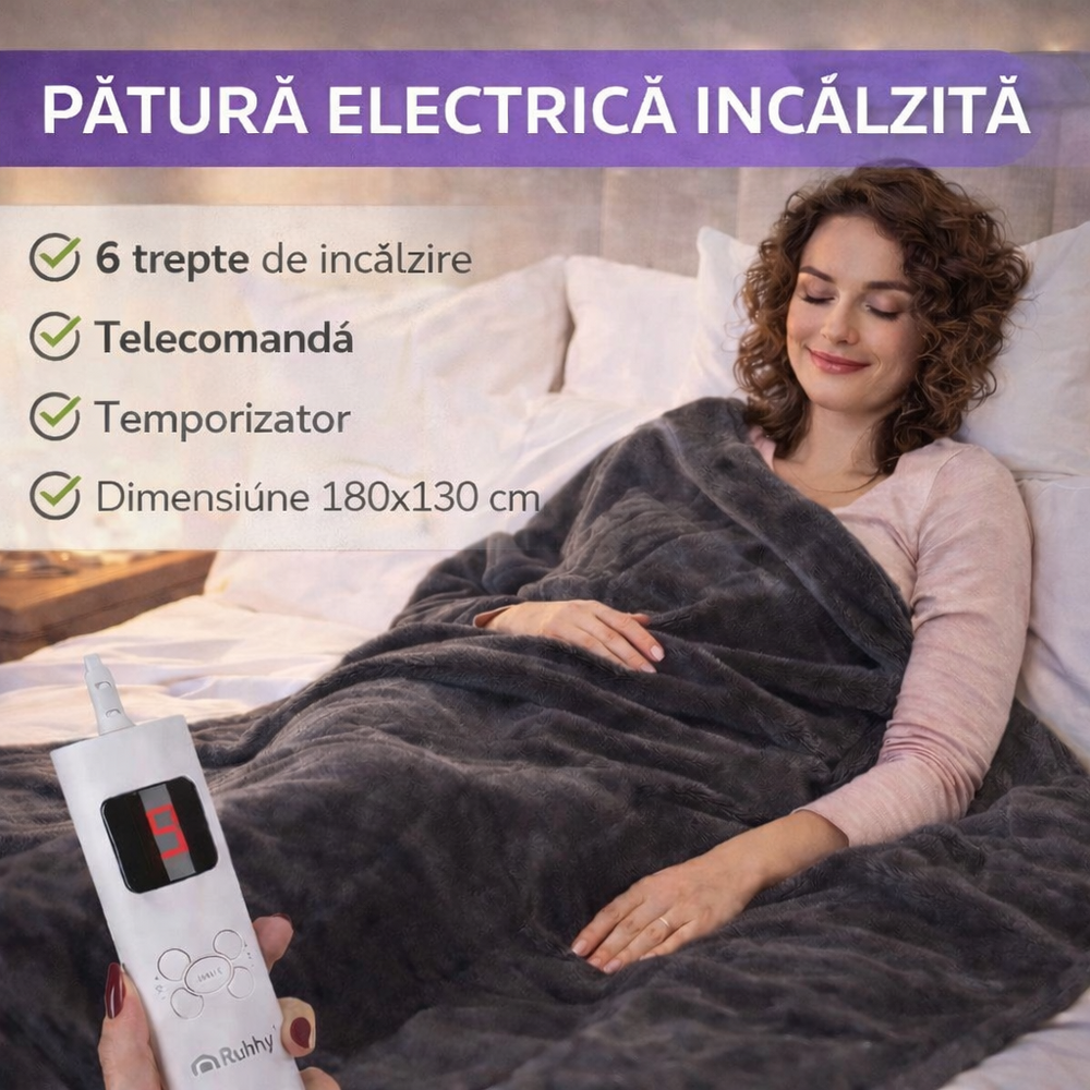 Patura electrica cu incalzire, 180 x 130 cm, Cu telecomanda, 6 Trepte de Incalzire