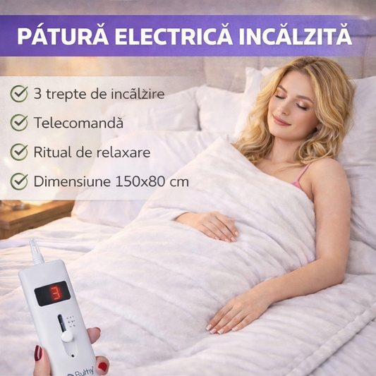 Patura electrica incalzita, moale, 3 trepte temperatura, 65 W, telecomanda, 150 x 80 cm, Alba