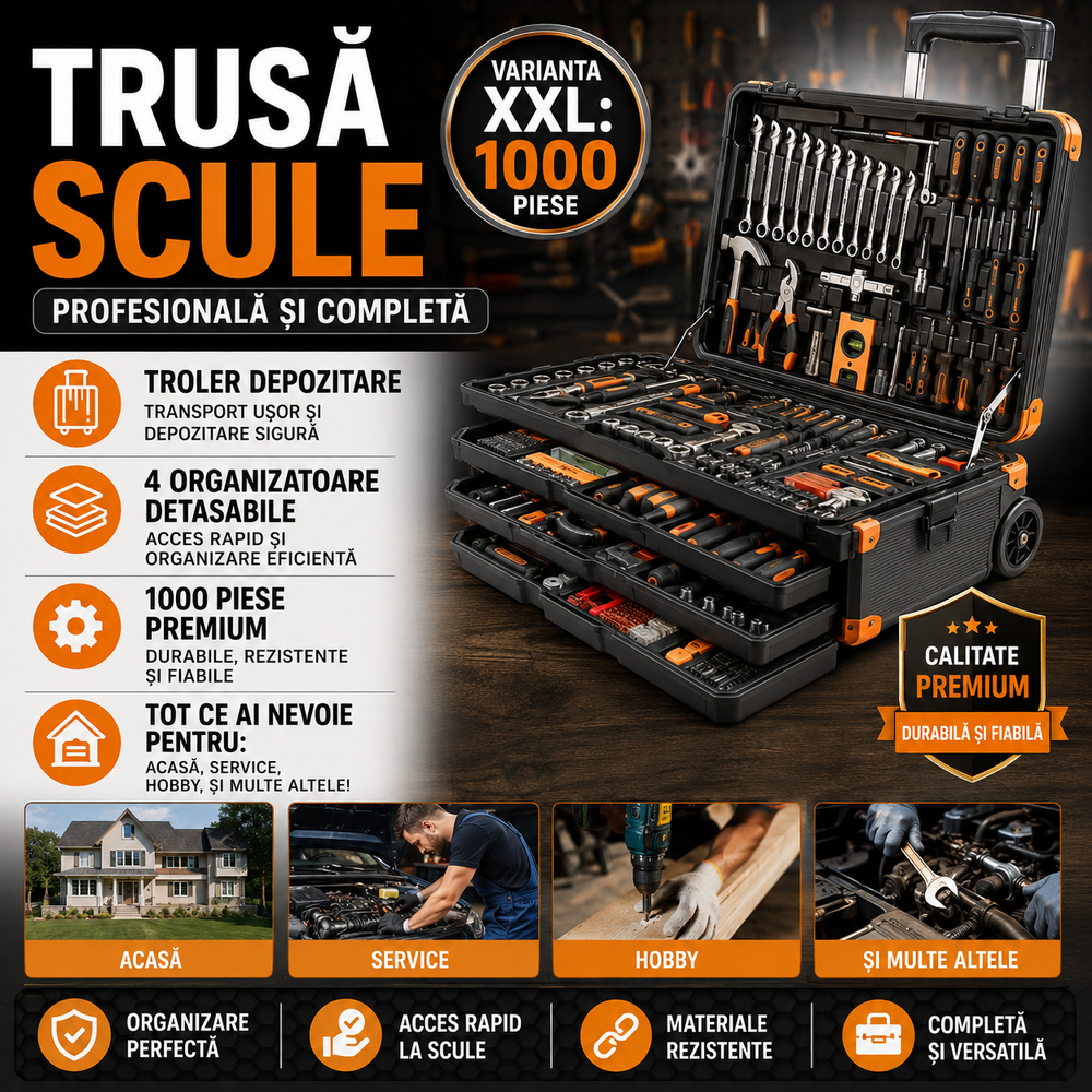 Trusa de 1000 scule XXL tip troler, Otel Crom-Vanadiu, 4 Organizatoare Detasabile, Manere Antiderapante, Varfuri Magnetice, 50 x 37 x 20 cm