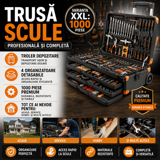 Trusa de 1000 scule XXL tip troler, Otel Crom-Vanadiu, 4 Organizatoare Detasabile, Manere Antiderapante, Varfuri Magnetice, 50 x 37 x 20 cm