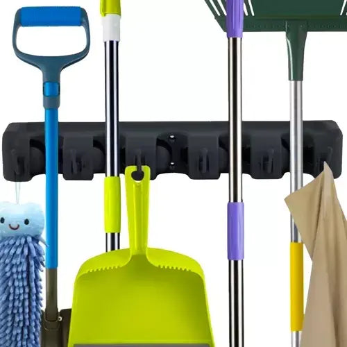 Suport de perete tip organizator pentru maturi si mop, 6 cuiere pliabile, Negru