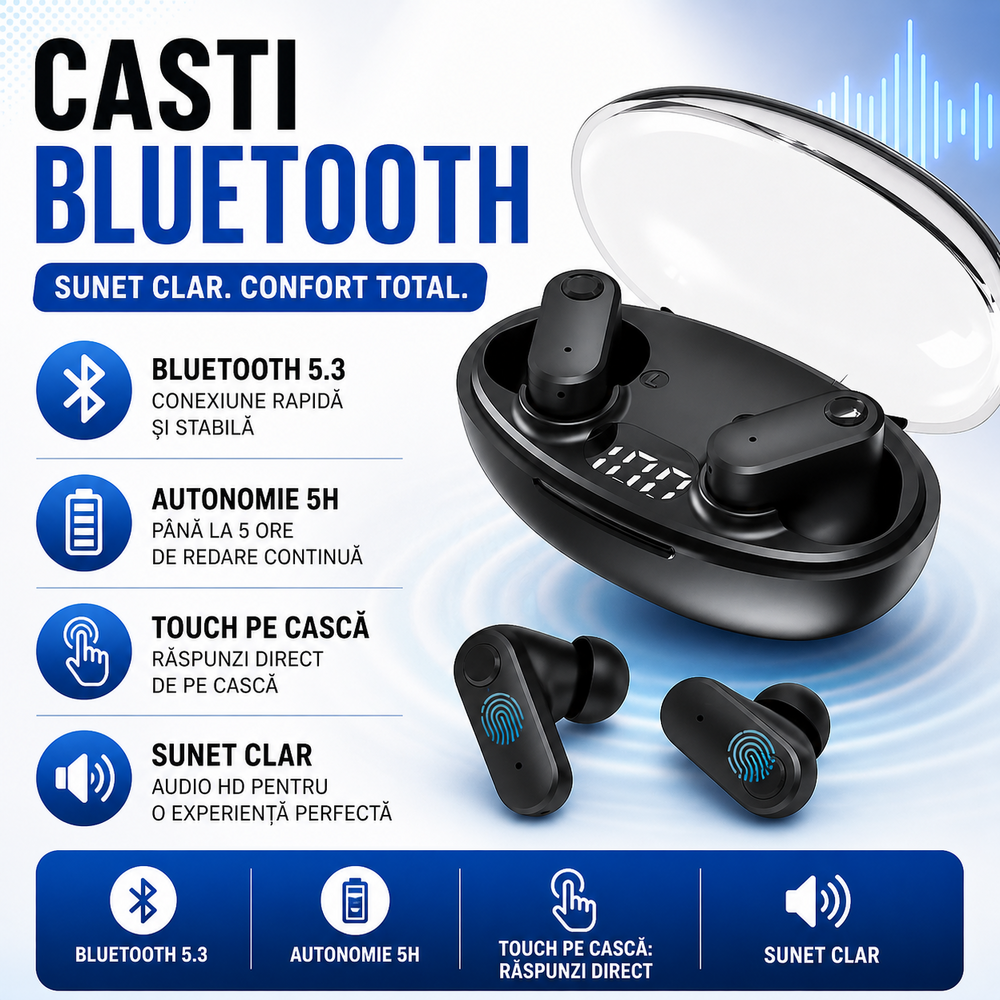 Casti Bluetooth 5.3, Baterie Statie 200mAh, StandBy 180H, Touch pe Casti, Respingere/Raspundere Apel VTS-210, Negru