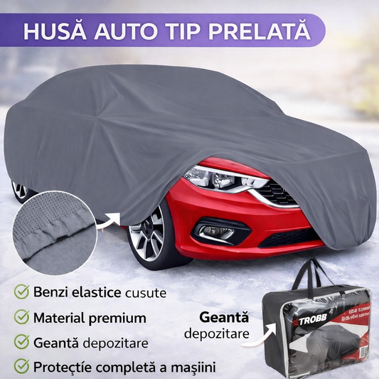 Husa Prelata Auto Mare Rezistenta la Razele UV, 572x180x120cm, Nu Ingheata pe Caroserie, Margini Duble Intarite, Benzi Elastice Cusute in Fata si in Spate care va Permit sa Fixati Husa de Bara de Protectie, Set cu Geanta, Gri