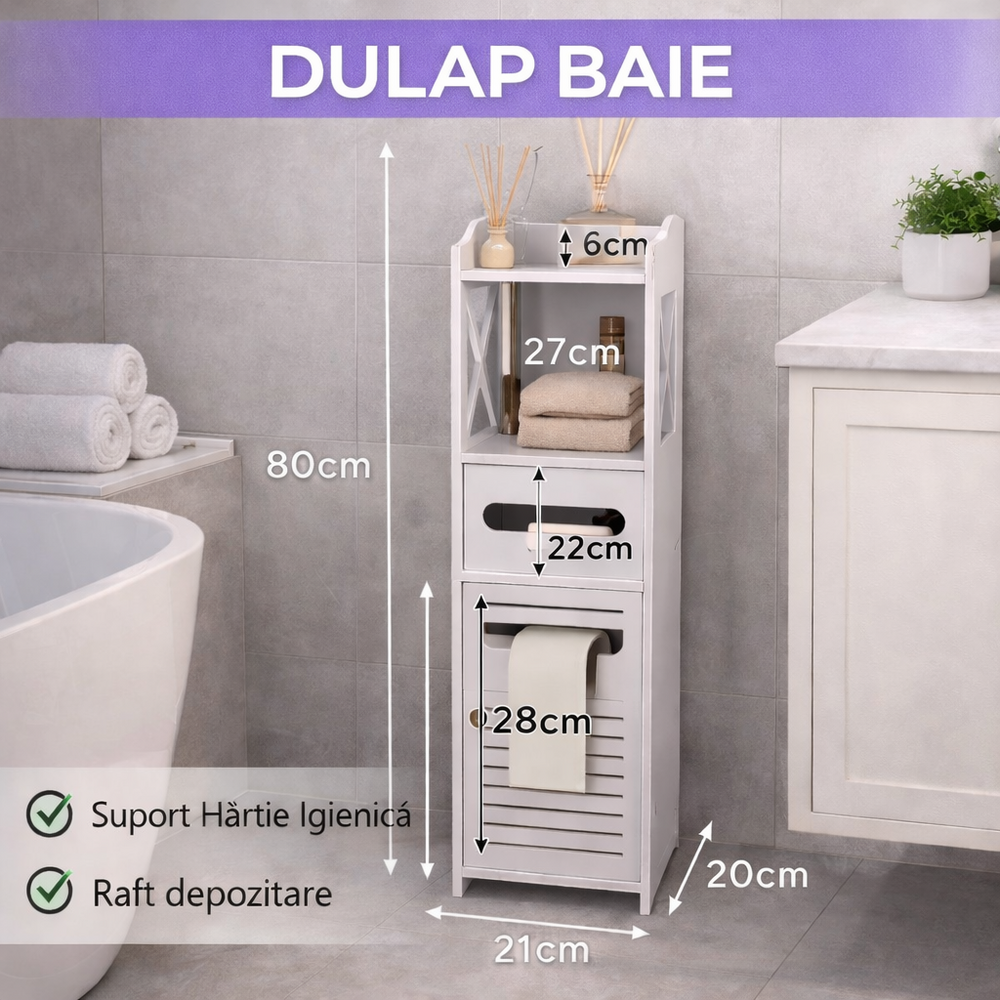 Dulap baie ingust, Suport hartie igienica, Raft Depozitare, 80 x 20 x 21 cm