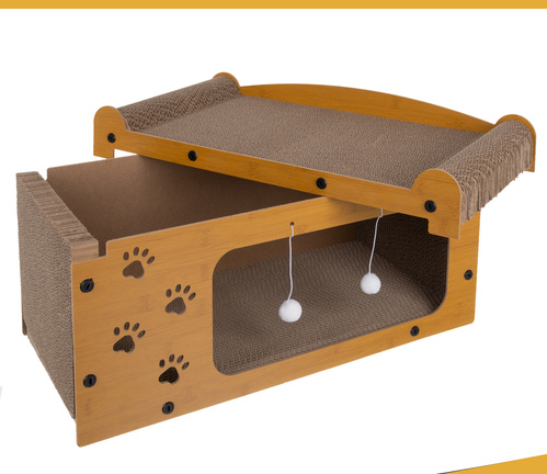 Zgarietor pentru pisic, Tip pat, 2 niveluri, din lemn, cu jucarie suspendata, spatiu mare