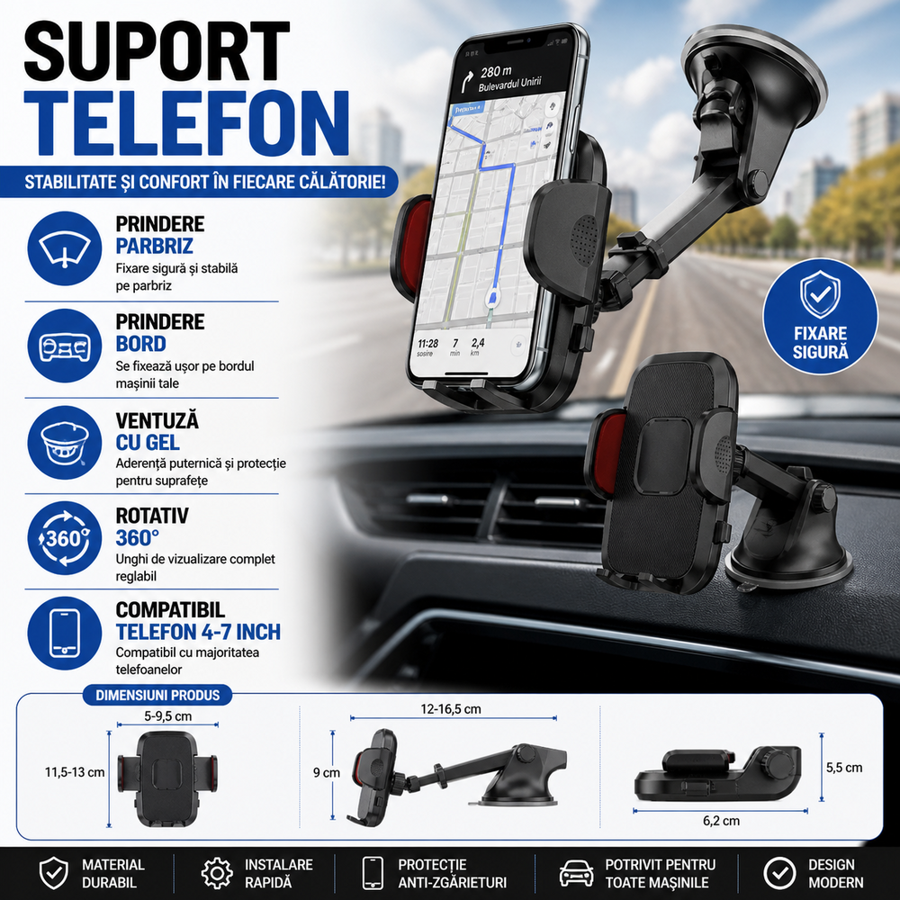 Suport auto pentru telefon, Reglabil, Rotire 360 °, Compatibil cu smartphone-uri de la 4 la 7 inchi, Prindere cu ventuza