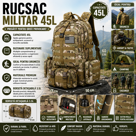 Rucsac Militar 45L cu 3 Genti Detasabila, Sistem MOLLE, Impermeabil