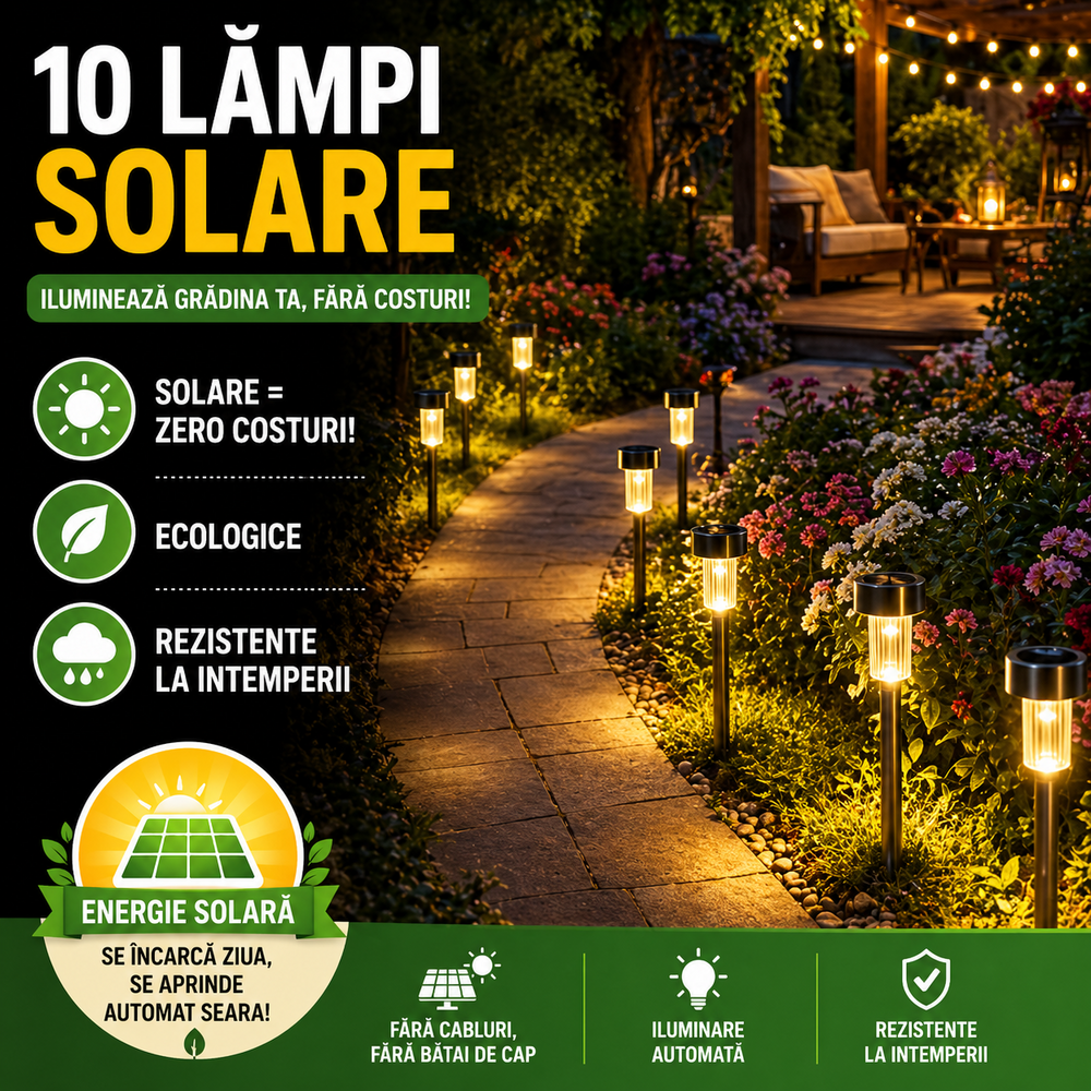 Set 10 lampi solare de gradina, iluminare LED, IP44 pentru alei, terase, spatii exterioare, lumina calda, 37 x 5.5 cm, Negru/ Alb