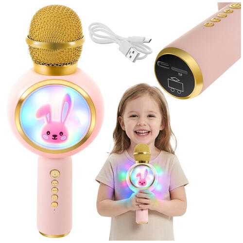 Microfon de karaoke pentru copii, Model Iepuras, Compatibil Bluetooth, Silentios, Fara fir, Roz