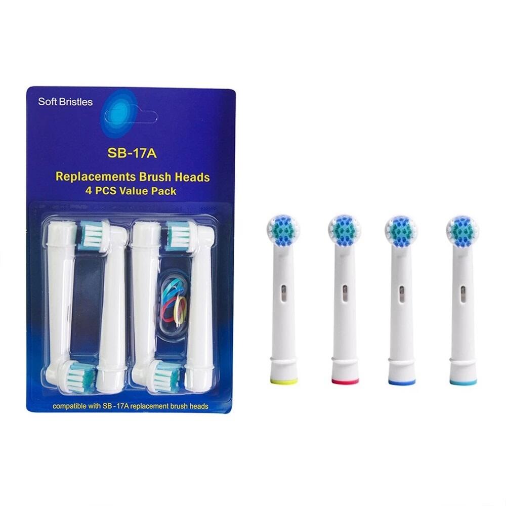 Set 4 rezerve periuta de dinti electrica compatibile Oral-B, peri moi, clasic, inele colorate, alb