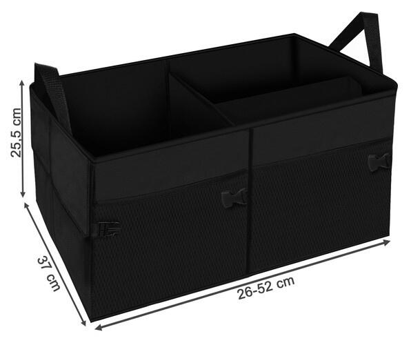 Organizator auto pliabil pentru portbagaj, Compartimente multiple, Pereti rigidizati, Manere de transport si buzunare suplimentare, Ideal pentru accesorii auto, cumparaturi, excursii si camping, 52 x 37 x 25.5 cm, Negru