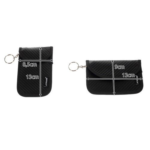 Set 2 husa protectie antifurt pentru chei si carduri, Cu carabiniera, Inchidere velcro, Neagra, Blocarea undelor radio 10 - 30 kHz, 9 x 13/ 8.5 x 13 cm