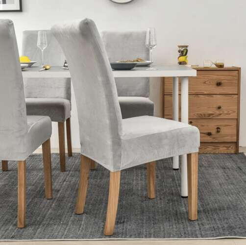 Husa protectie scaun, marime universala, pentru scaune de bucatarie sau birou, de casa, restaurant, evenimente, material tip catifea, lavabila, banda elastica pentru fixare si antialunecare, 65 x 35 x 40 x 10 cm, Gri