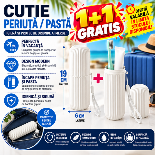 1+1 GRATIS Cutie protectie periuta si pasta de dinti, Ideal pentru calatorie, Alb