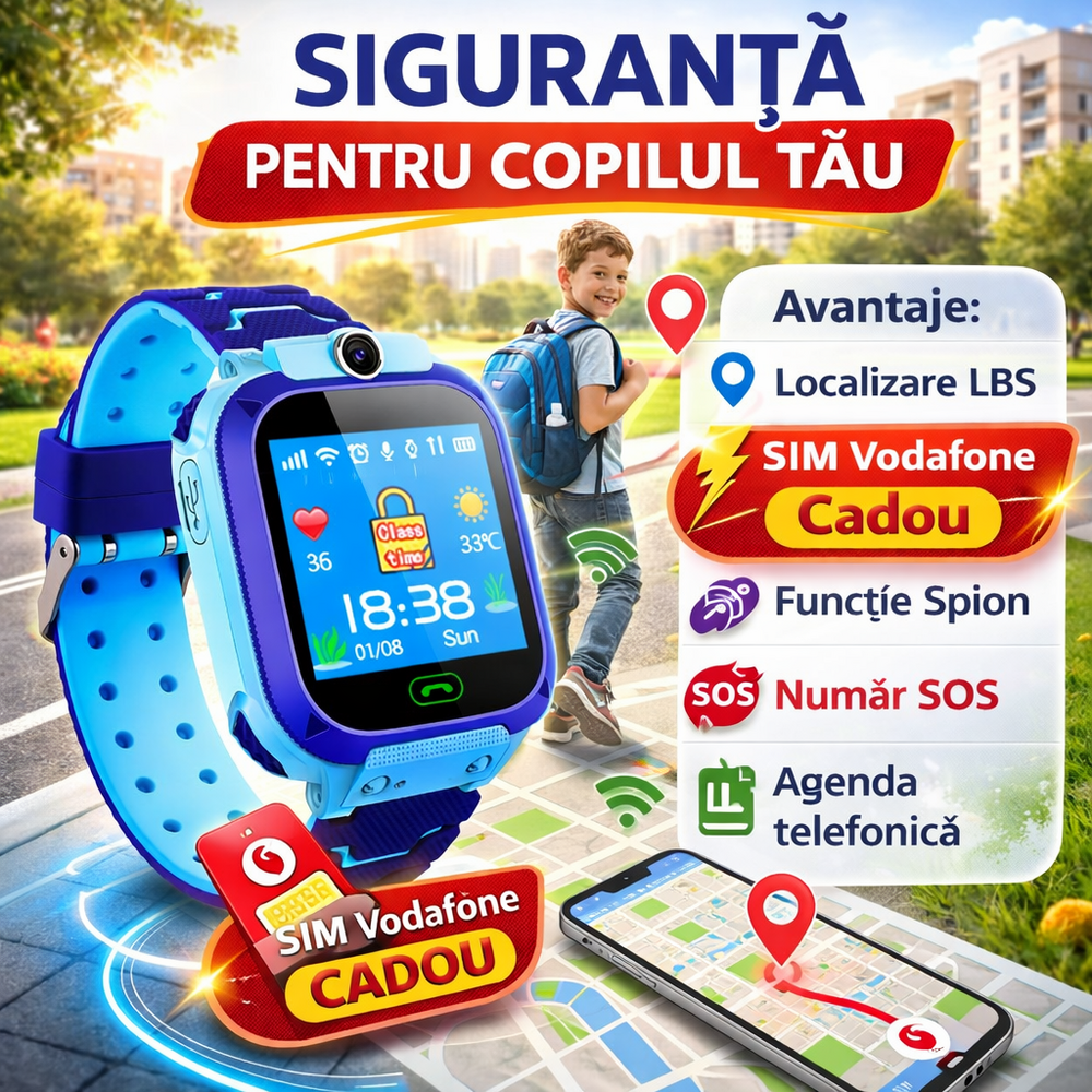 SmartWatch pentru copii cu functie telefon (SIM), 2G, Camera, Functie Monitorizare, Localizare LBS, Apelare SOS, Agenda telefonica, Bleu + 🔥 SIM VODAFONE CADOU 🔥