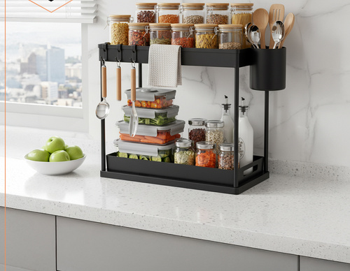 Raft organizator, 2 niveluri, extensibil, 5 cârlige, negru, 40x21.5x37.5cm