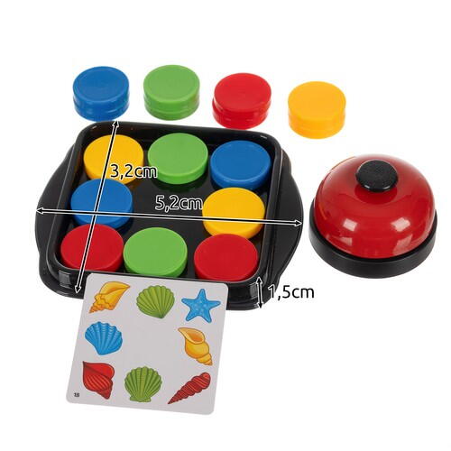 Joc de inteligenta Quick Pucks, 16 discuri, 40 cartonase cu imagini, clopot, 5.2 x 3.2 x 1.5 cm