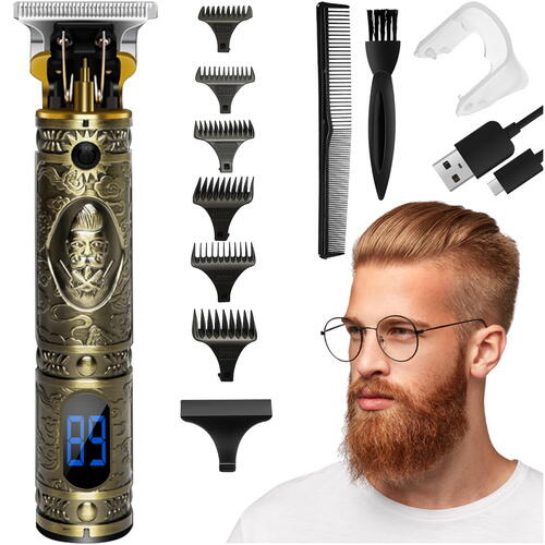 Masina de Tuns Barba Si Contur, 4 in 1, Afisaj Electronic - Incarcare USB, Autonomie 90 Min, Lama Otel, Auriu