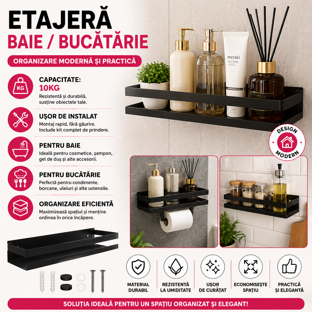 Raft de baie sau Bucatarie, Otel inoxidabil, Capacitate maxima suportata 10 kg, Dimensiuni 6 x 50 x 10.5 cm, Negru
