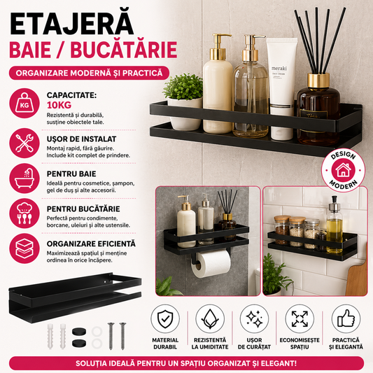 Raft de baie sau Bucatarie, Otel inoxidabil, Capacitate maxima suportata 10 kg, Dimensiuni 6 x 50 x 10.5 cm, Negru