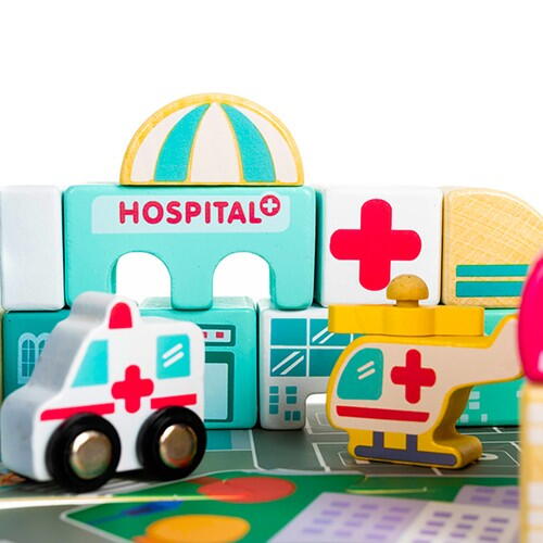 Set de 115 cuburi de construit din lemn pentru copii, "Orasul meu", educational si creativ cu diferite ilustratii vesele