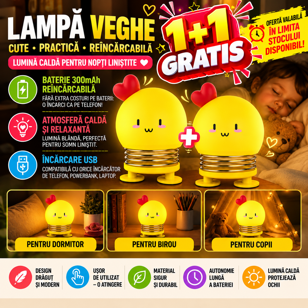 1+1 GRATIS Lampa de noapte, de veghe, pentru copii sau bebelusi, Portabila, Baterie Reincarcabila 300mAh, Galben