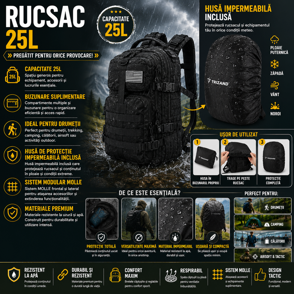 Rucsac De Drumetie 25L, Sistem MOLLE, Husa Impermeabila Inclusa