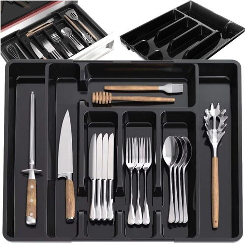 Organizator pentru tacamuri si ustensile de bucatarie, sertar extensibil, suport ajustabil pentru cutite, negru