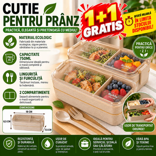 1+1 GRATIS Cutie de pranz alimentara, Lingura si Furculita Incluse, 750 ml, Bej, Din Material Ecologic