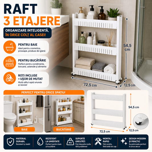 Raft de bucatarie sau baie, Mobil pe roti, Usor de asamblat si mutat, Universal, 3 nivele, Alb