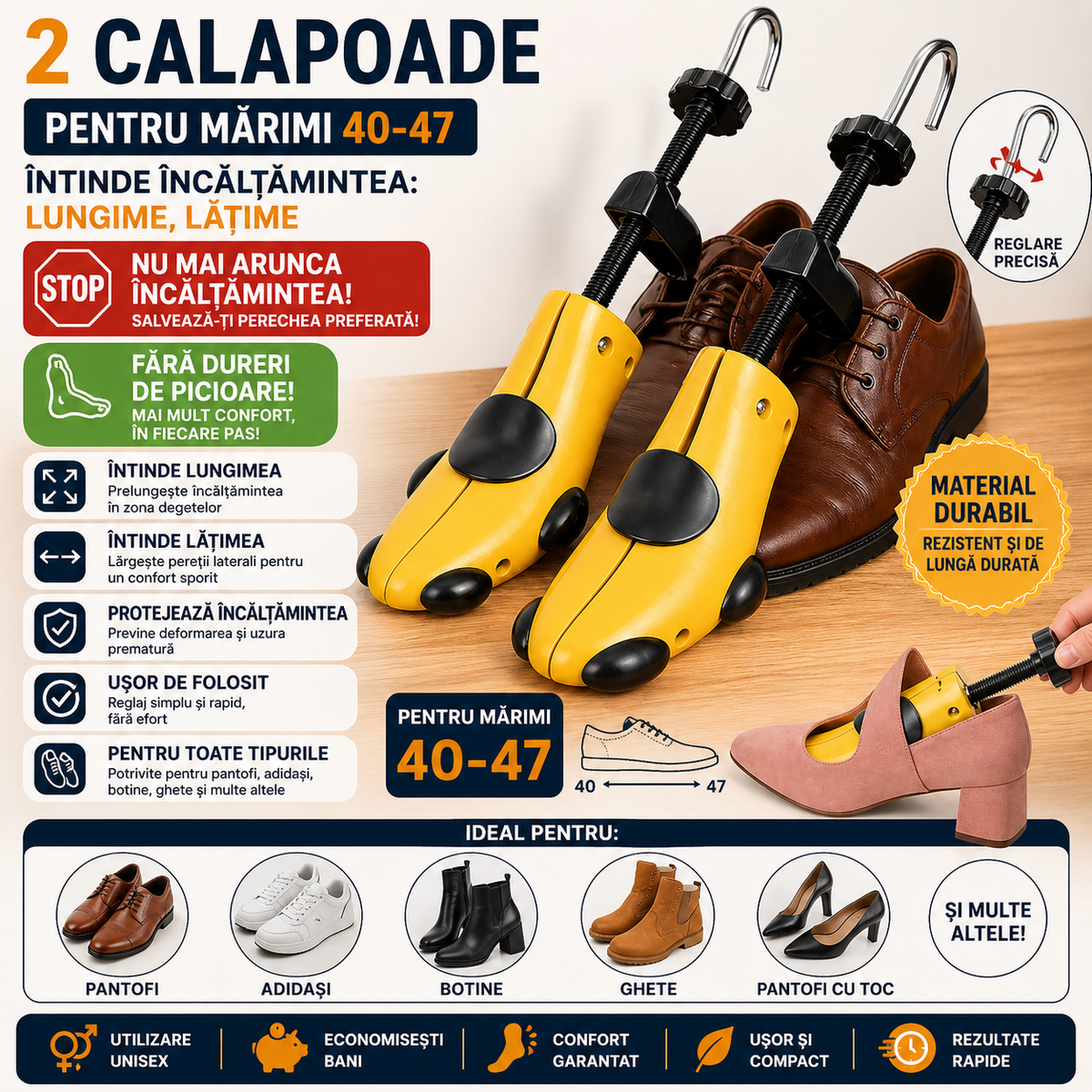 Set 2 Calapoade/Sanuri, Pentru Largit/Alungit Pantofi, Pentru Marimile 40-47, Material ABS, Galben