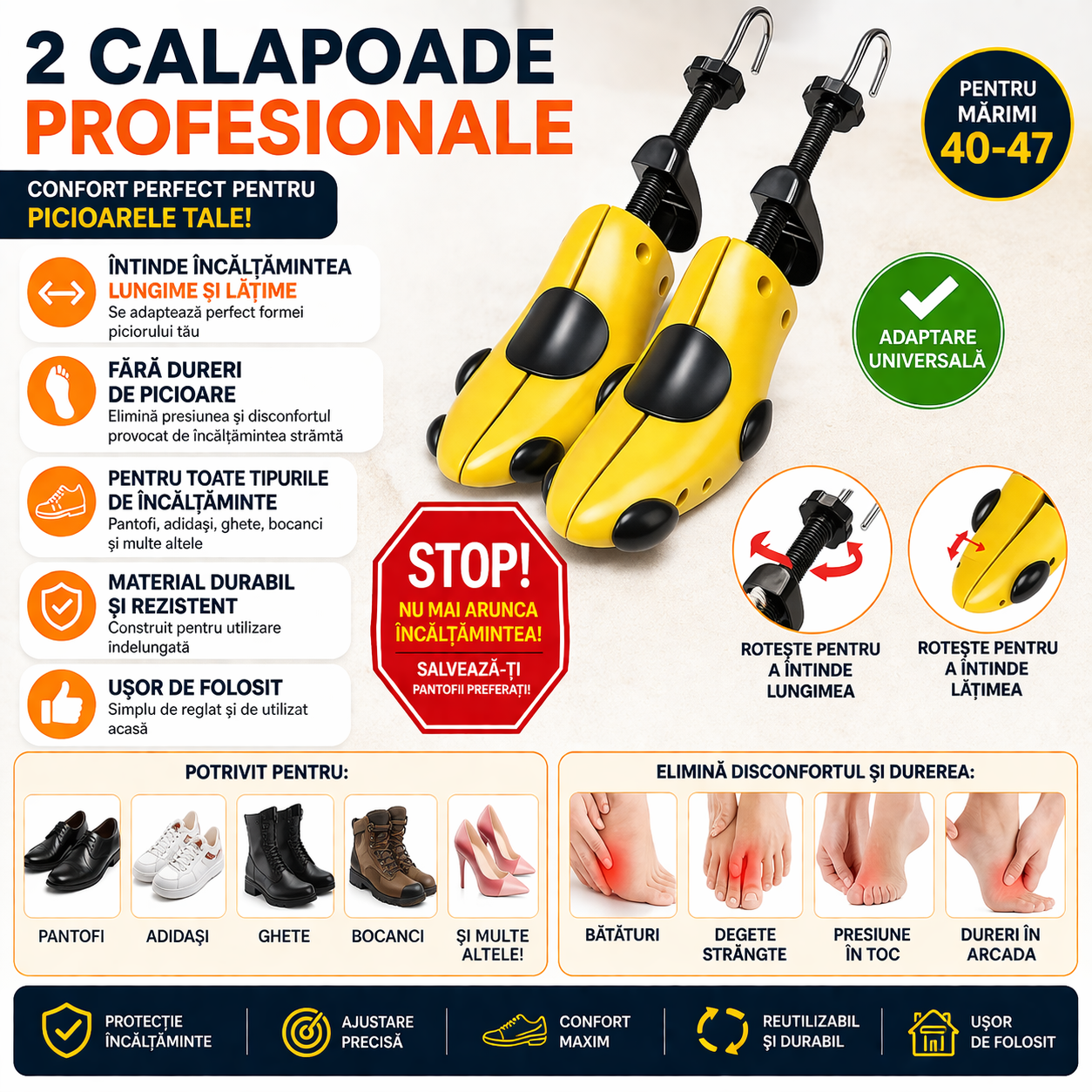 Set 2 Calapoade/Sanuri, Pentru Largit/Alungit Pantofi, Pentru Marimile 39-43, Material ABS, Galben