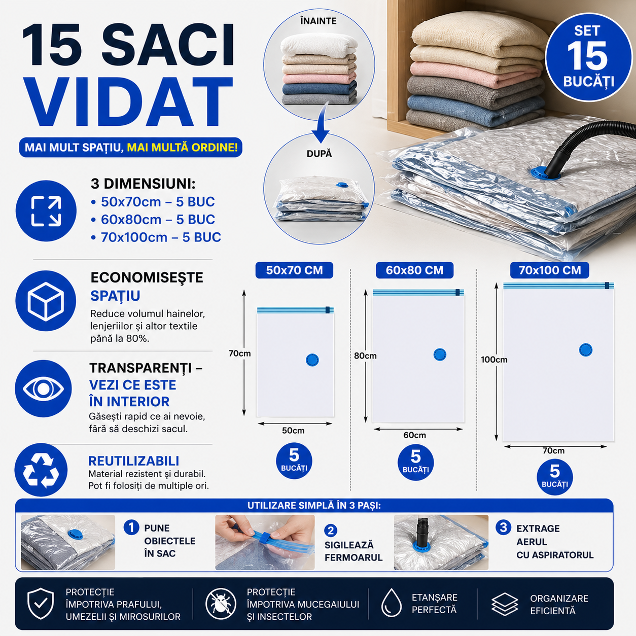 Set 15 saci de vidat pentru depozitare, 3 Marimi, Reutilizabili, Transparenti