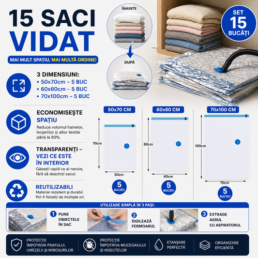Set 15 saci de vidat pentru depozitare, 3 Marimi, Reutilizabili, Transparenti