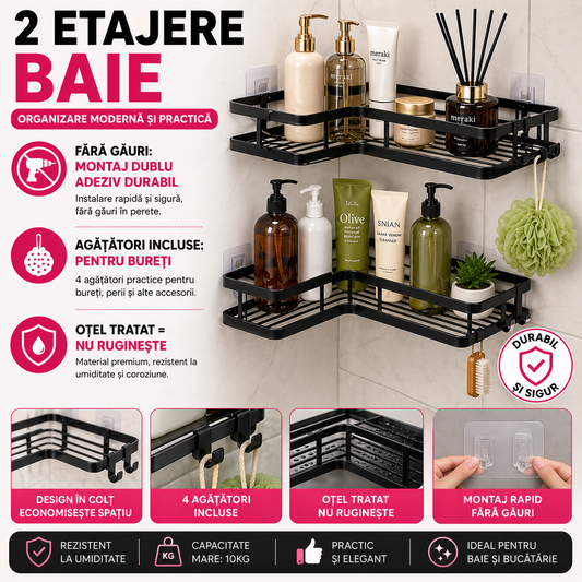 OFERTA 1+1 GRATIS Set Raft de Dus cu Etajere Colt pentru Baie, din Otel Inoxidabil, Organizator Baie cu Montare Usoara fara Gaurire, Design Modern, Negru