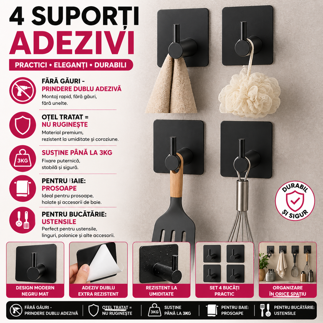 Set 4 Suport cu Adeziv pentru Prosoape, Dimensiuni 4,5 x 4,5 x 2,5 cm, Rezistent la Umiditate, Rugina, Ideal pentru Bucatarie, Baie, Otel Inoxidabil, Sarcina 3 Kg