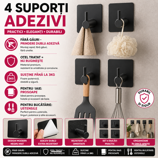 Set 4 Suport cu Adeziv pentru Prosoape, Dimensiuni 4,5 x 4,5 x 2,5 cm, Rezistent la Umiditate, Rugina, Ideal pentru Bucatarie, Baie, Otel Inoxidabil, Sarcina 3 Kg