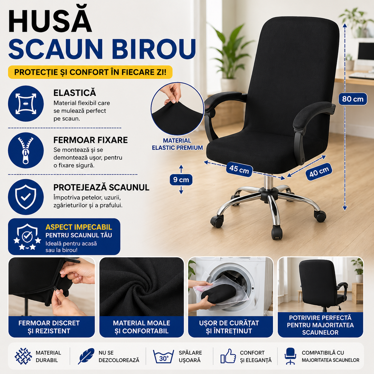 Husa universala pentru scaun de birou, banda elastica si fermoar pentru fixare, neagra, poliester, inaltime maxima a spatarului cu sezutul 80 cm, 40 x 45 x 9 cm