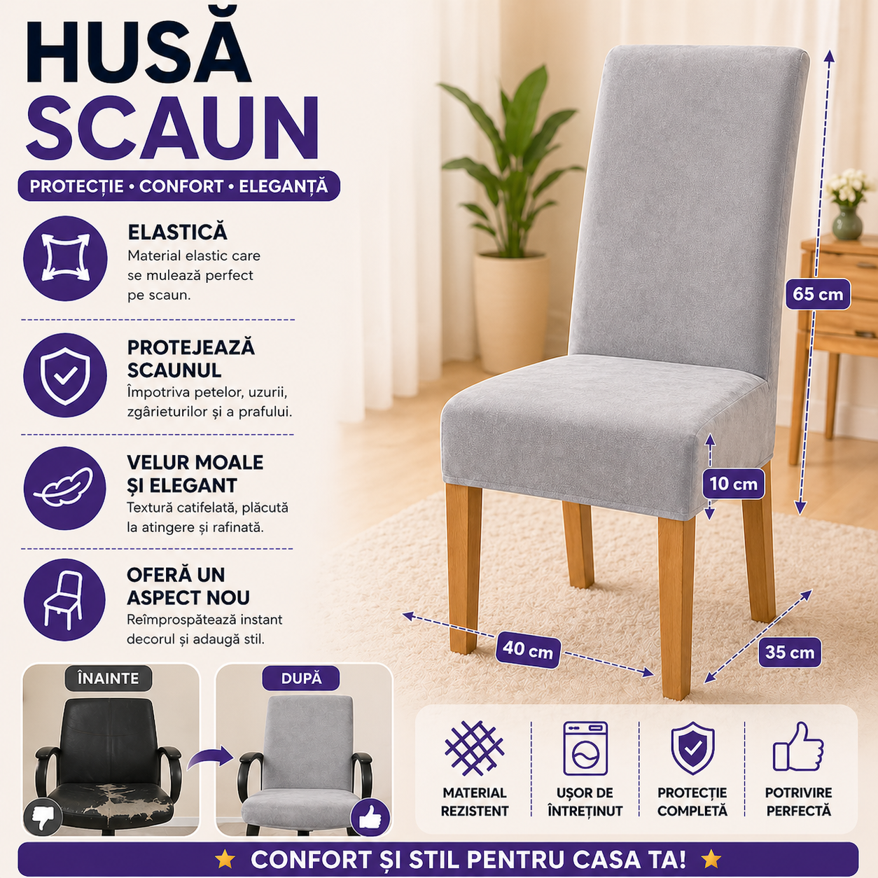Husa protectie scaun, marime universala, pentru scaune de bucatarie sau birou, de casa, restaurant, evenimente, material tip catifea, lavabila, banda elastica pentru fixare si antialunecare, 65 x 35 x 40 x 10 cm, Gri