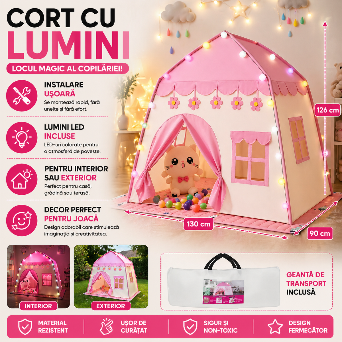 Cort pentru copii cu LED, 126x130x90cm, 20 lumini, multicolor